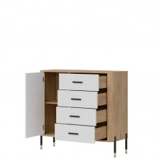 Kumode ar atvilknēm un durvīm DANTE DT08, Ozols cremona/Balts matēts/Melns