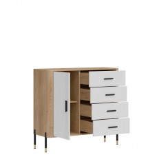 Kumode ar atvilknēm un durvīm DANTE DT08, Ozols cremona/Balts matēts/Melns