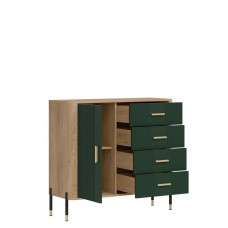 Kumode ar atvilknēm un durvīm DANTE DT08, Ozols cremona/Zaļš matēts/Zelts