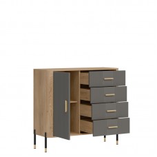 Kumode ar atvilknēm un durvīm DANTE DT08, Ozols cremona/Pelēks matēts/Zelts
